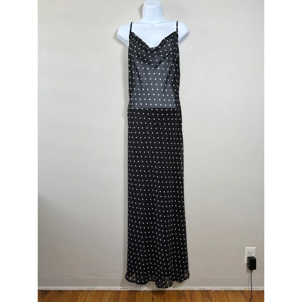 Commense Maxi Dress Women S Black Polka Dot Sheer Chiffon Beach Vacation Summer - Picture 3 of 13